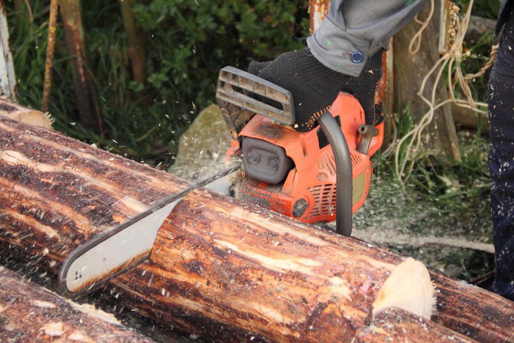 A Person Using a Chainsaw to Cut Through a Log — Gloucester Outdoor Solutions In Bulahdelah, NSW