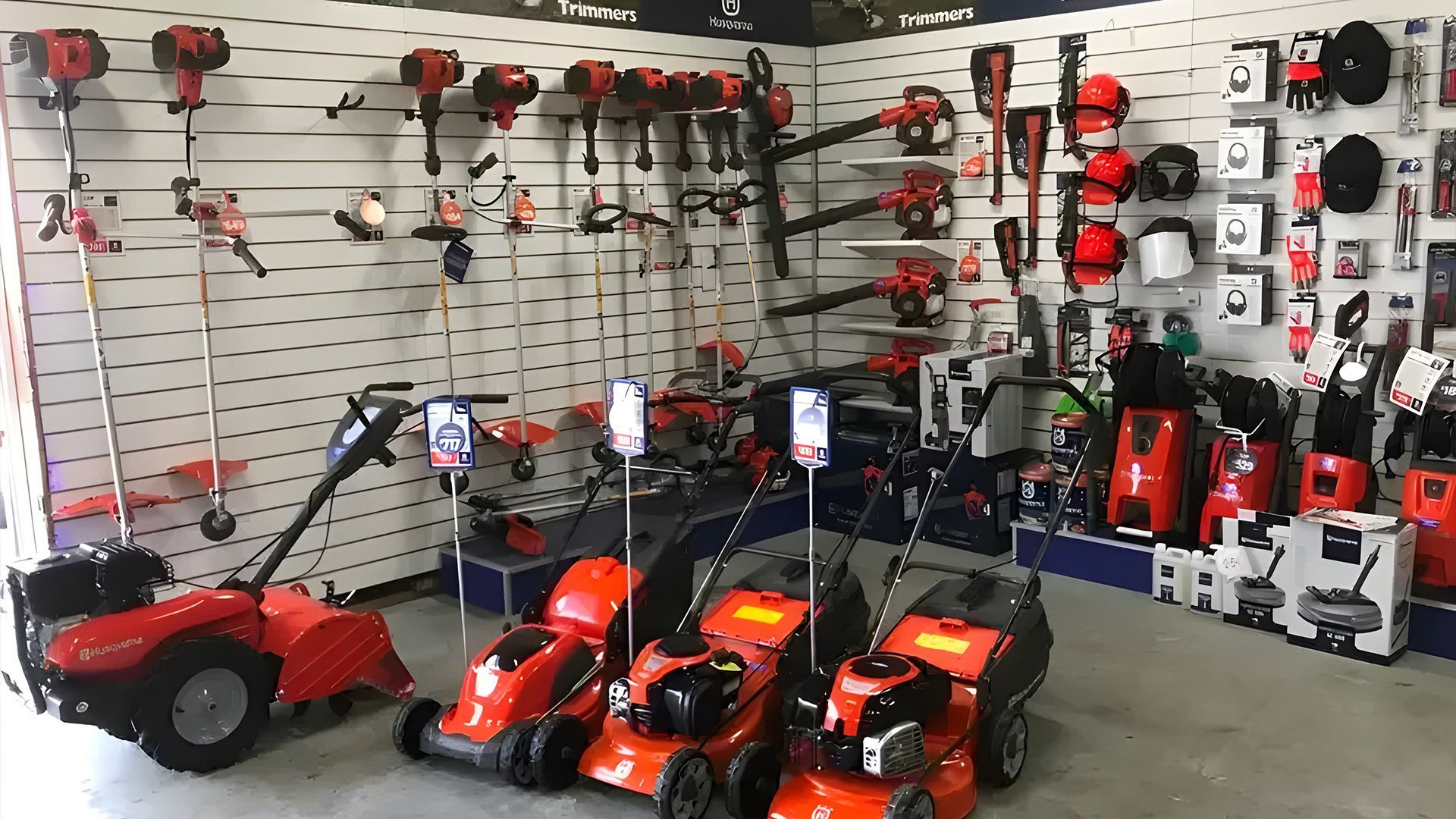 A range of outdoor power equipment displayed in a store — Gloucester Outdoor Solutions In Stroud, NSW