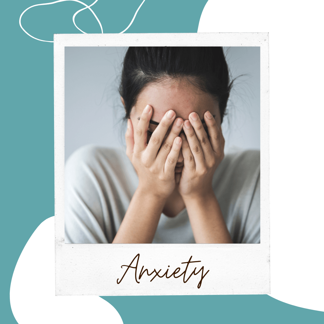 A woman is covering her face with her hands and the word anxiety is on the bottom