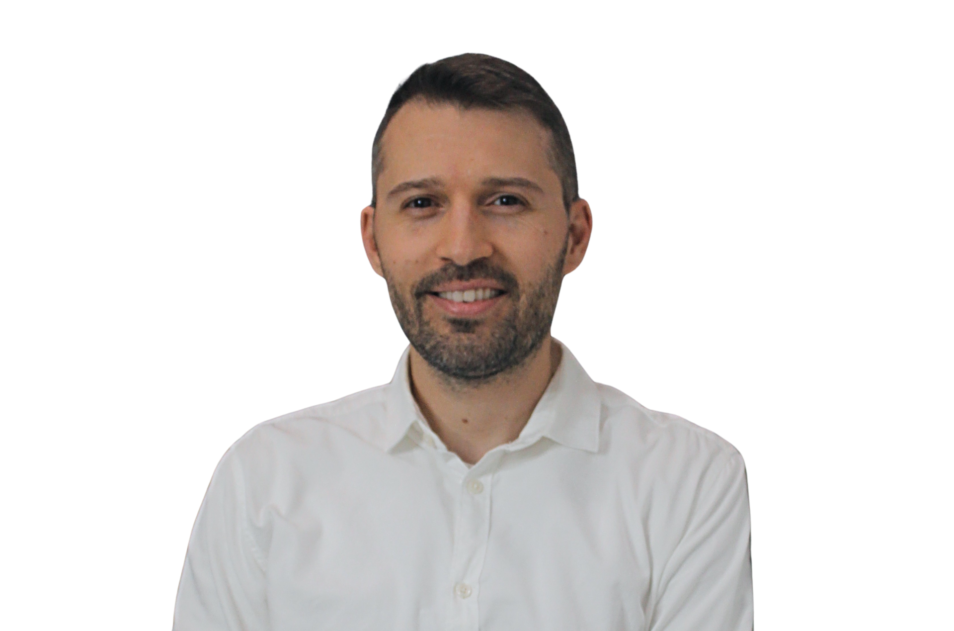 A man in a black shirt is taking a selfie on a white background.