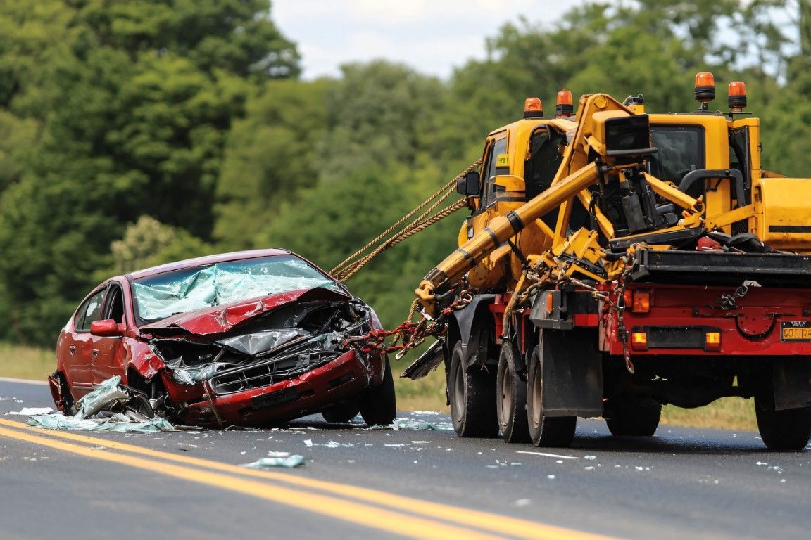 A tow truck pulling a severely damaged red car from a road, surrounded by debris and trees.