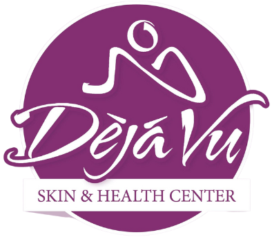 the deja vu skin and health center logo is purple and white .