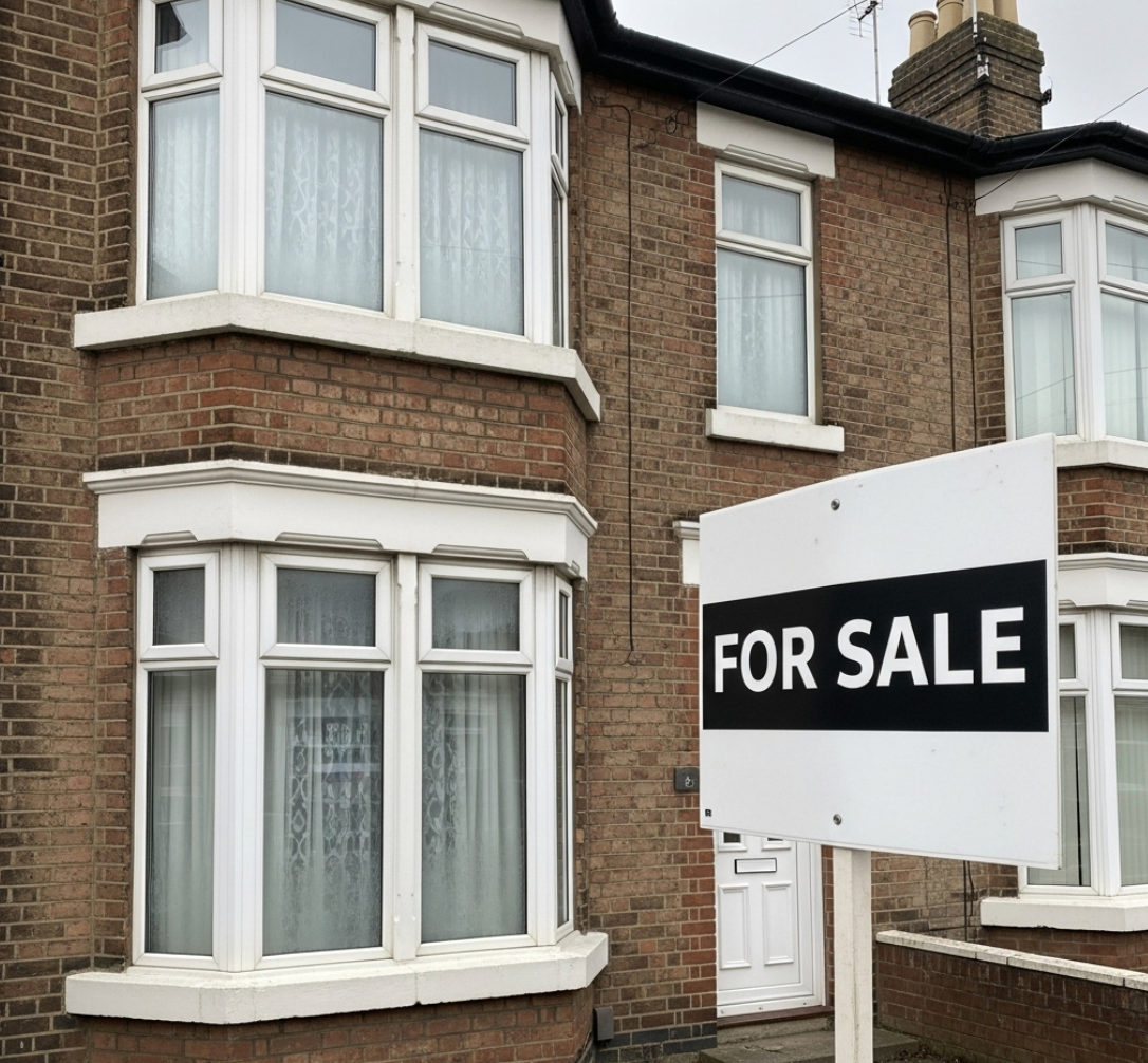 A house with a for sale sign in front of it.