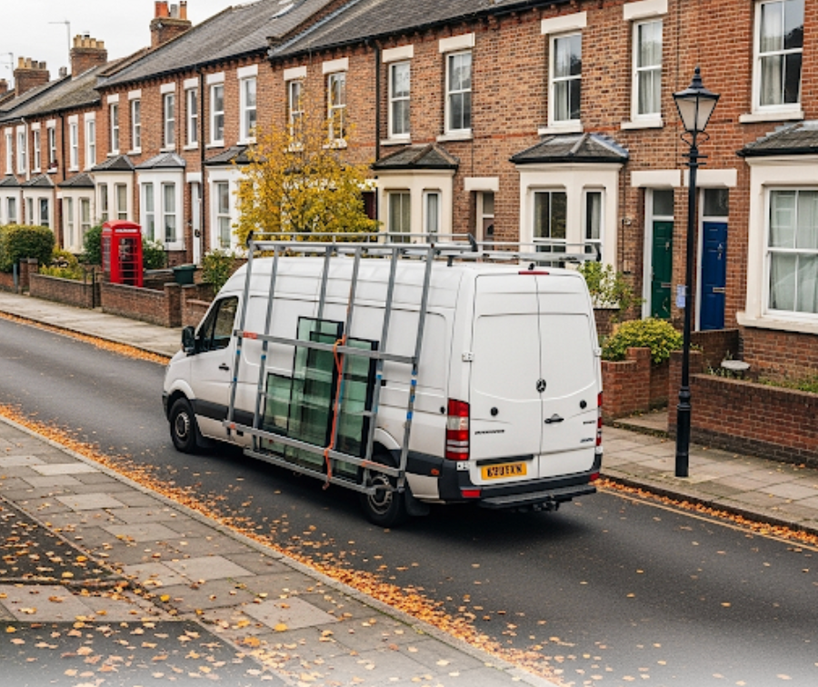 A white van with a ladder on the roof is driving down a street.