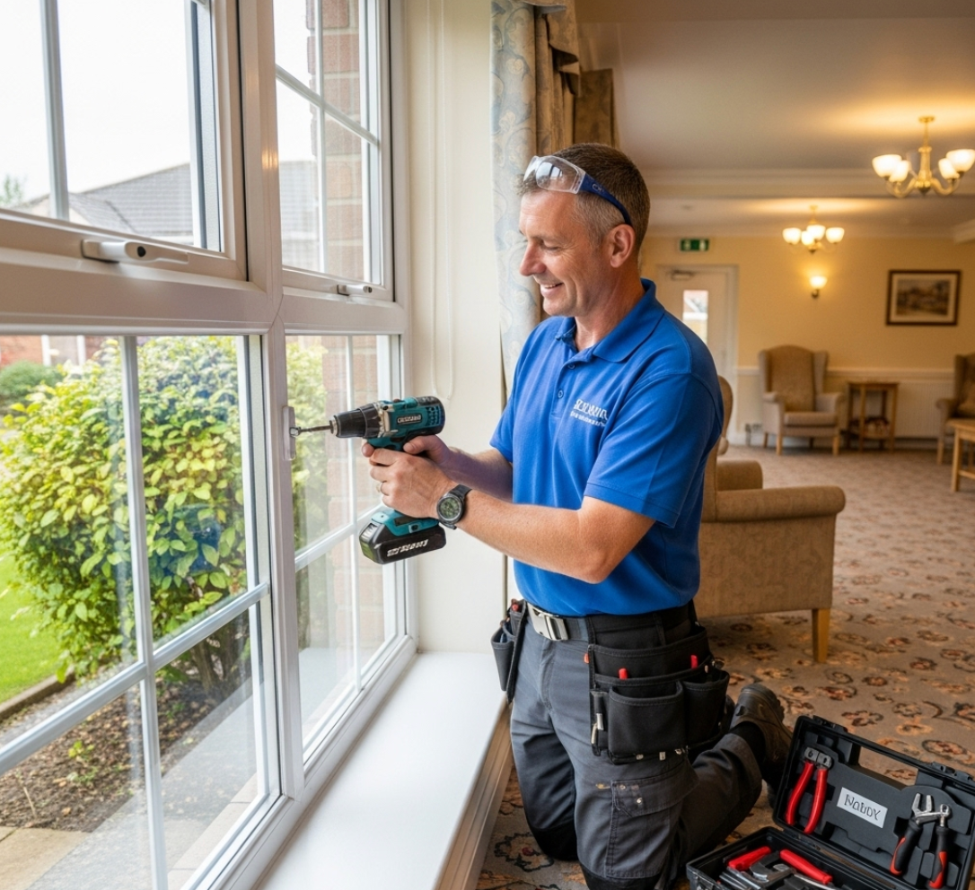 A man in a blue shirt is working on a window with a drill.