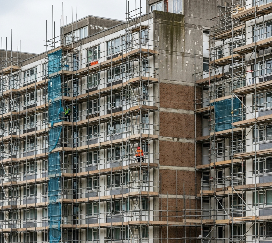 A large building is being built with scaffolding around it.
