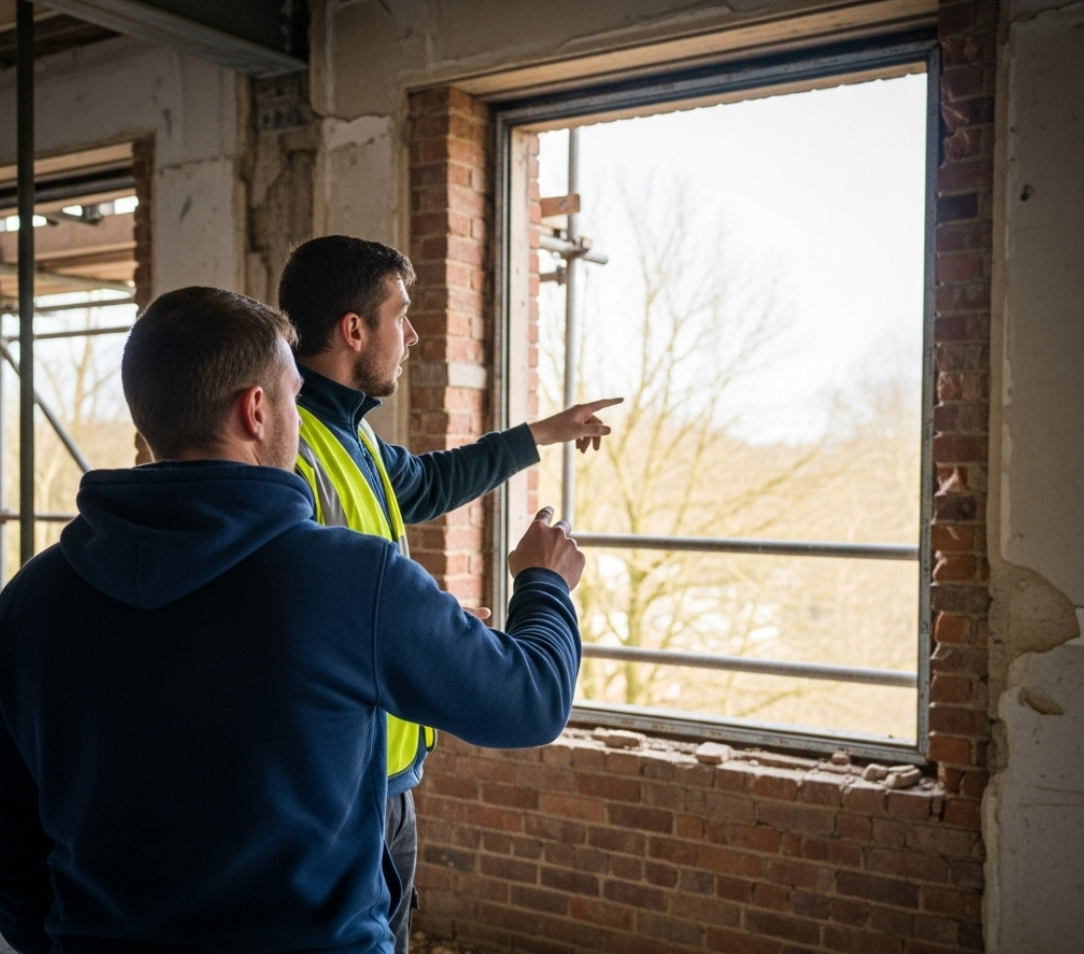 Two men are looking out of a window in a building.