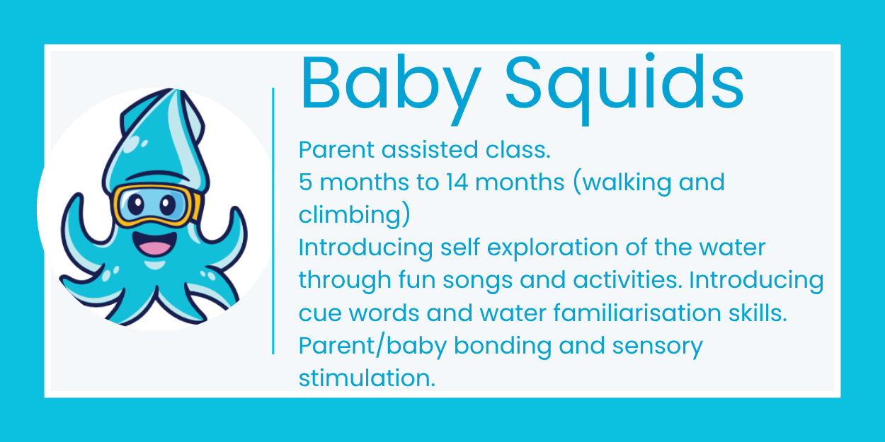 Baby Squids poster with blue octopus and text about parent-assisted classes for 5-month-olds