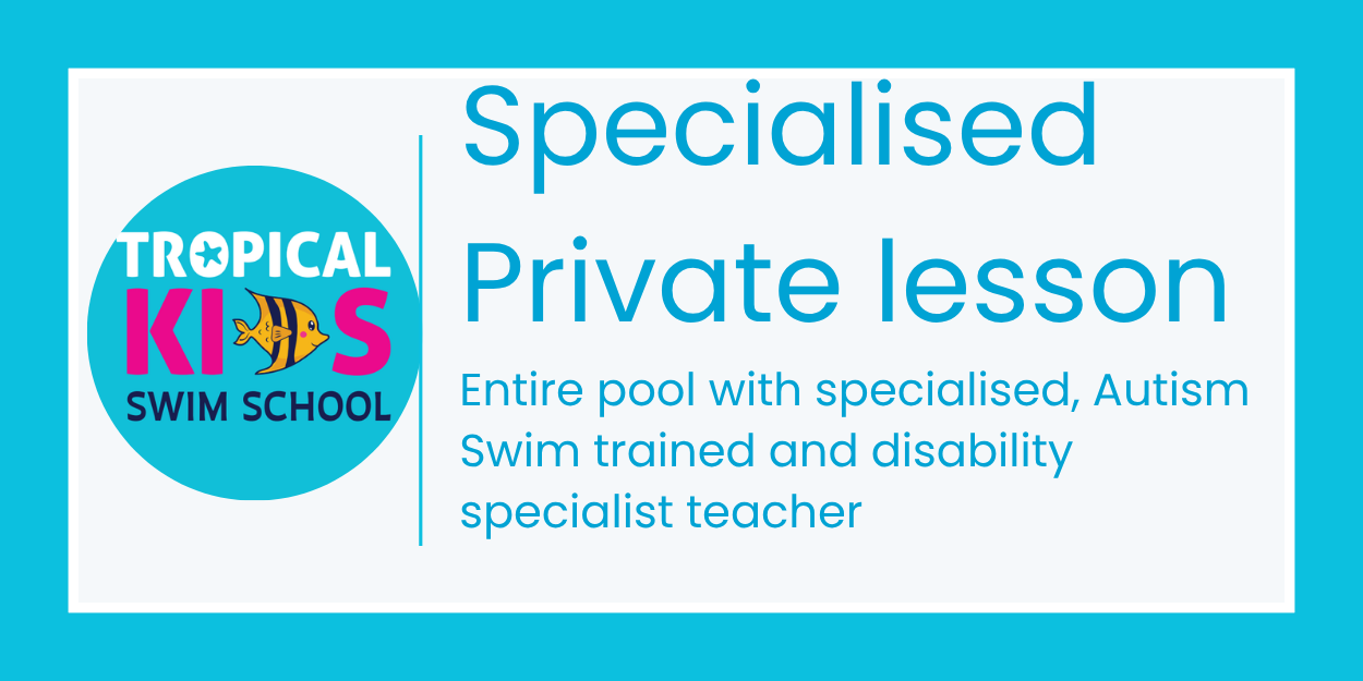 Tropical Kids Swim School ad for specialised private lessons, with blue and pink text on a white background