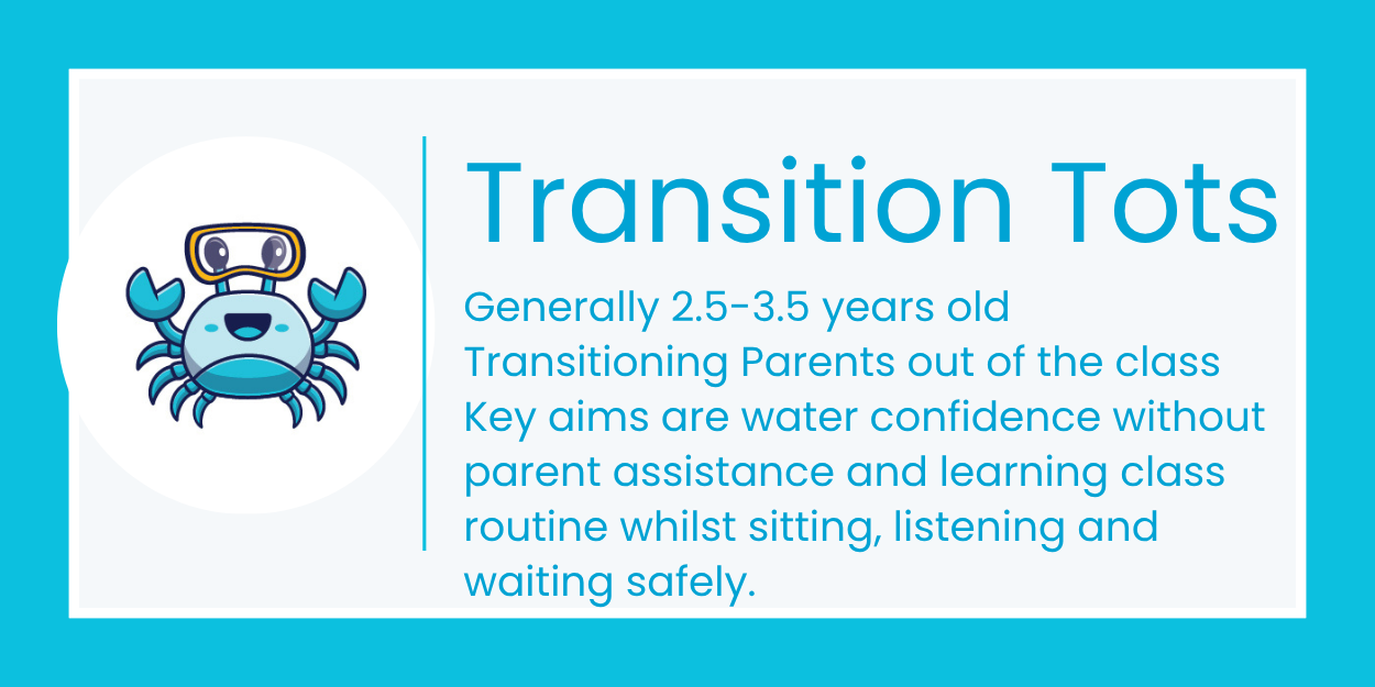 Blue crab logo beside text for “Transition Tots” with a brief description of its classroom transition program.