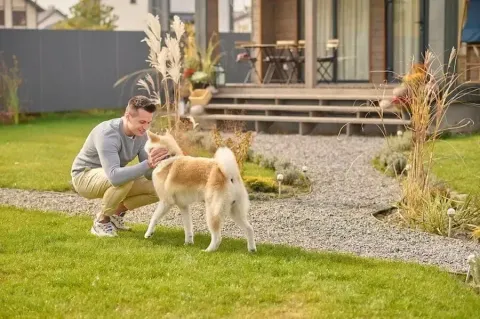 Man crouching and petting his dog outdoors in backyard.