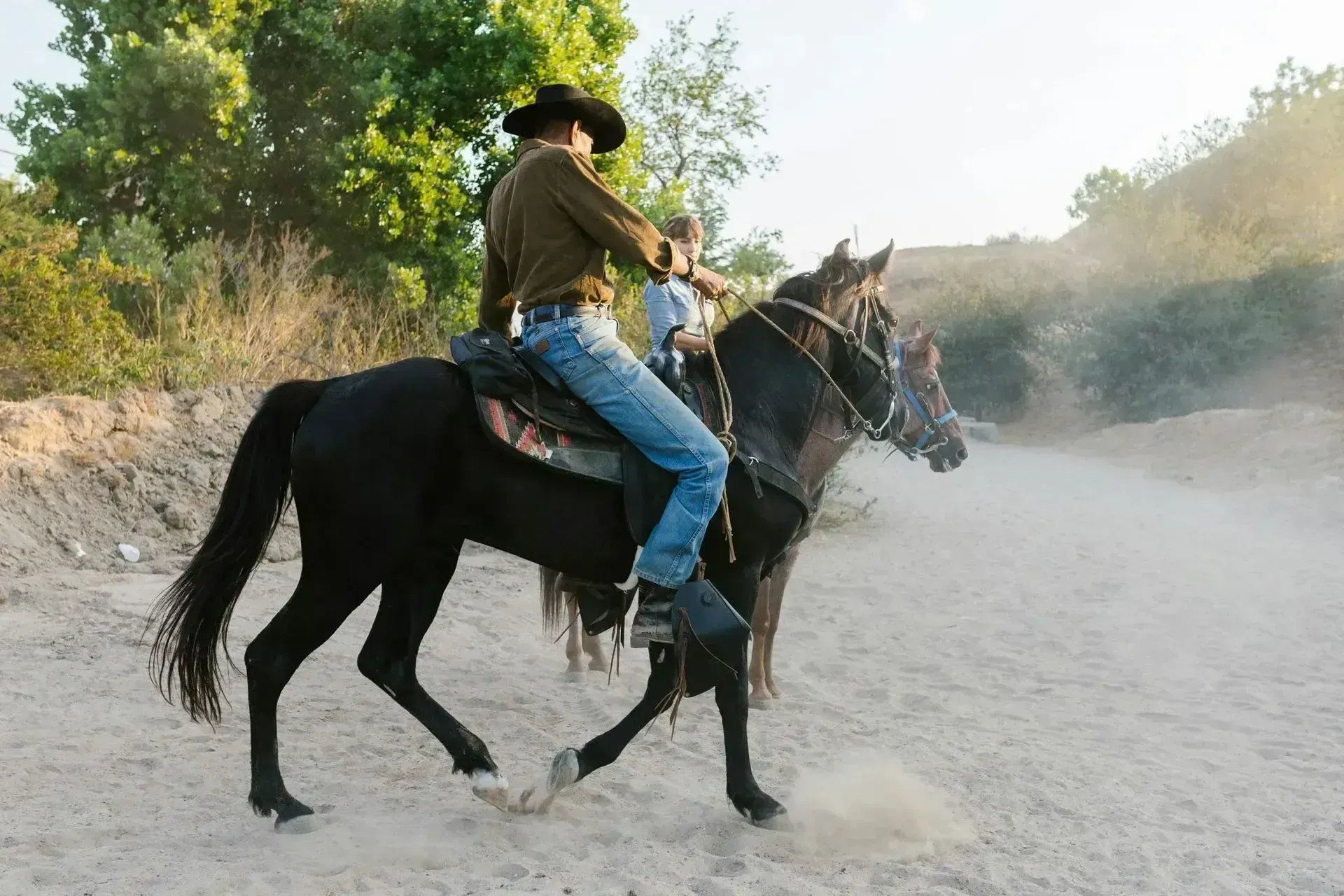 A man in a cowboy hat is riding a black horse