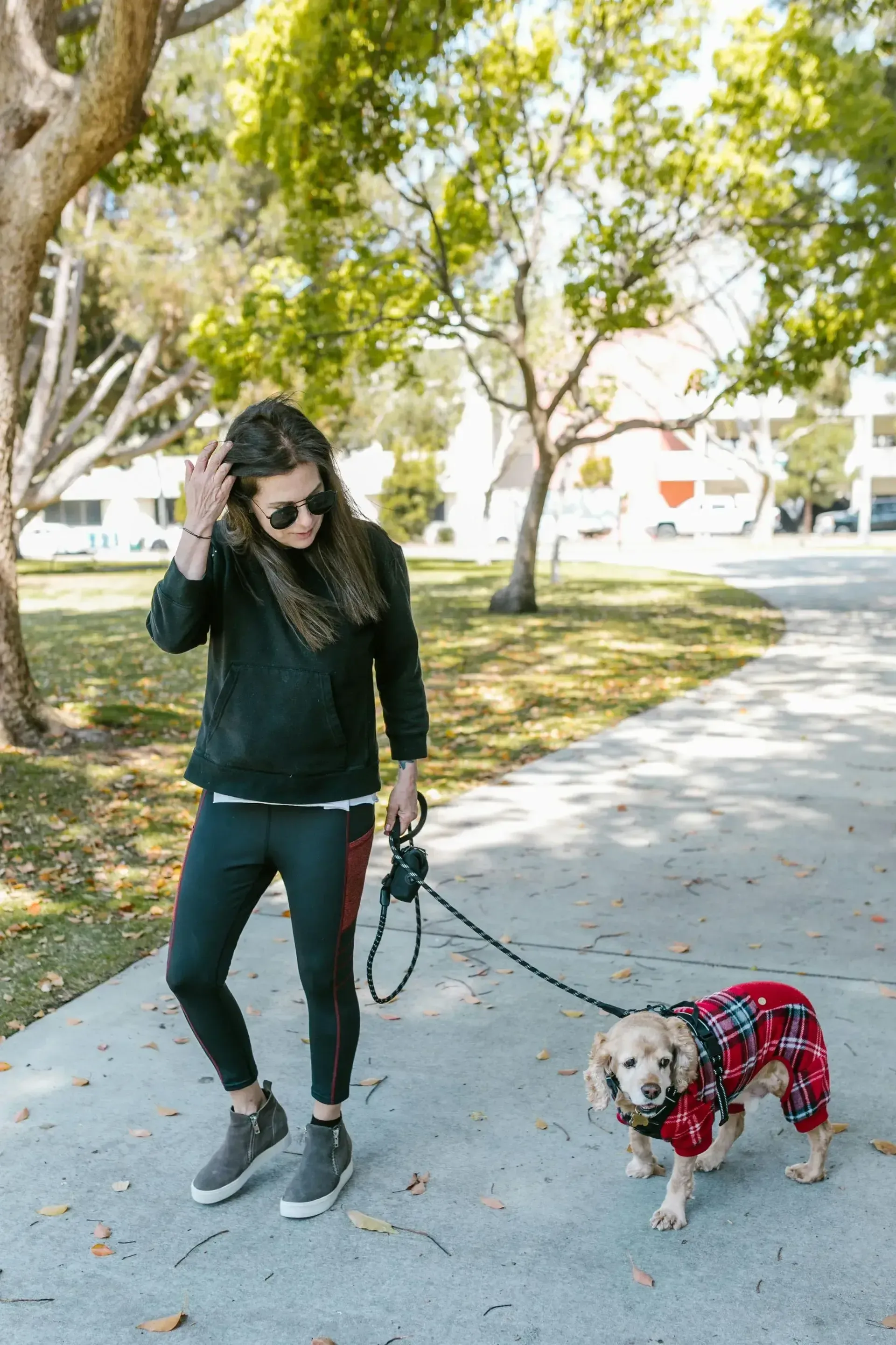 A woman is walking a dog on a leash in a park.