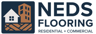 The logo for ned 's flooring shows a city skyline with houses on the roofs.
