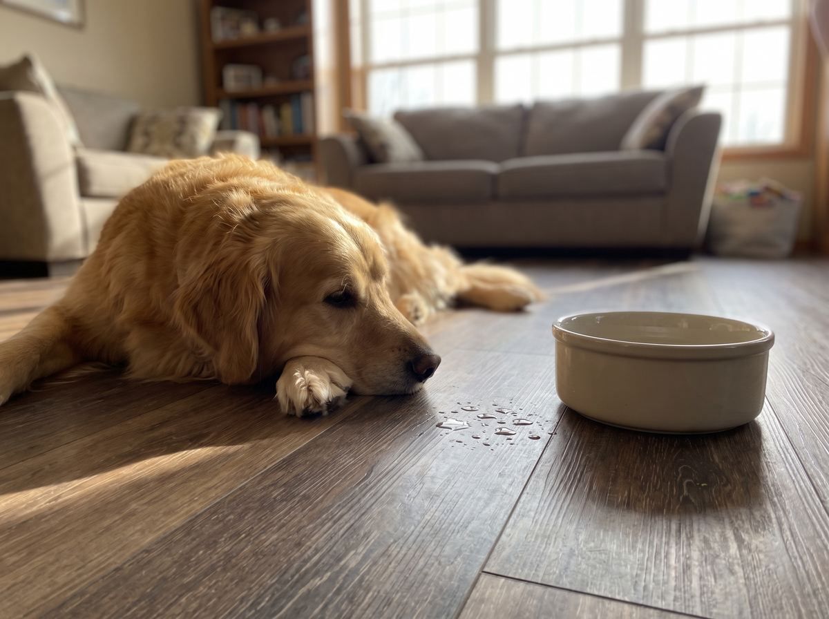 A dog lying comfortably on a luxury vinyl plank floor with a small water splash beading on the surface