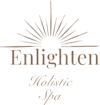Logo for "Enlighten Holistic Spa": white text and sunburst on a brown background.
