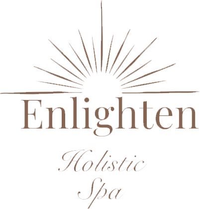 Logo for "Enlighten Holistic Spa": white text and sunburst on a brown background.