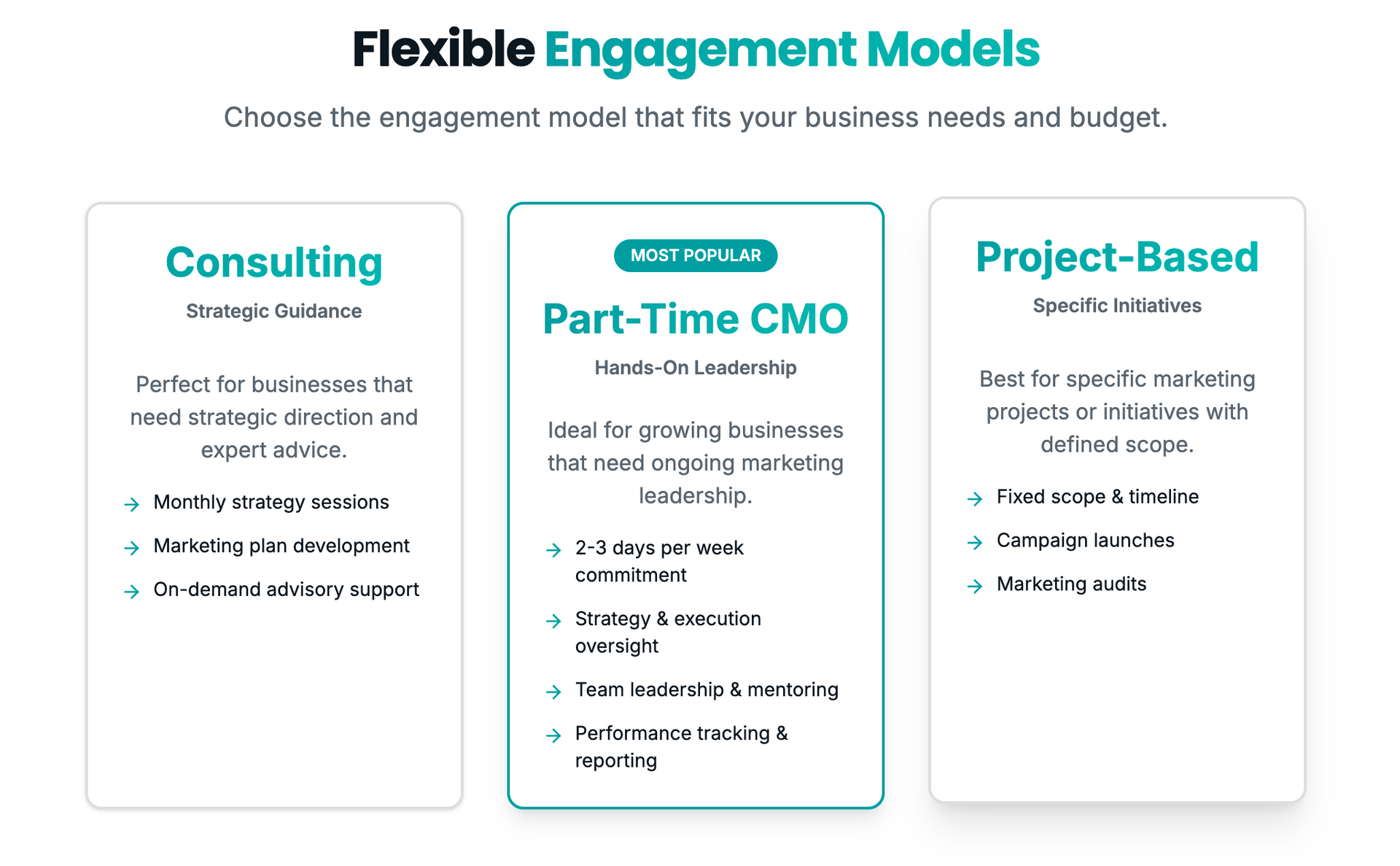Diagram showing three flexible engagement models: Consulting, Part-Time CMO, and Project-Based.