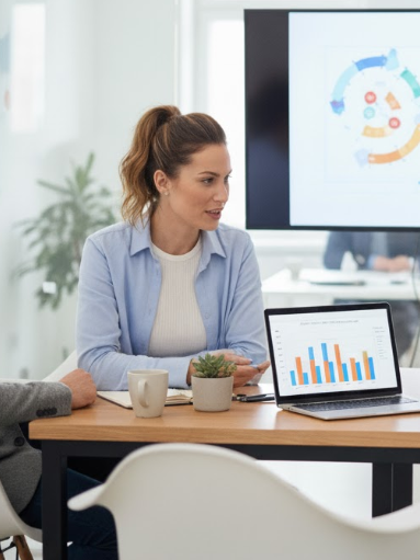 Woman presenting data on laptop in an office meeting; graphs on screen and background display.