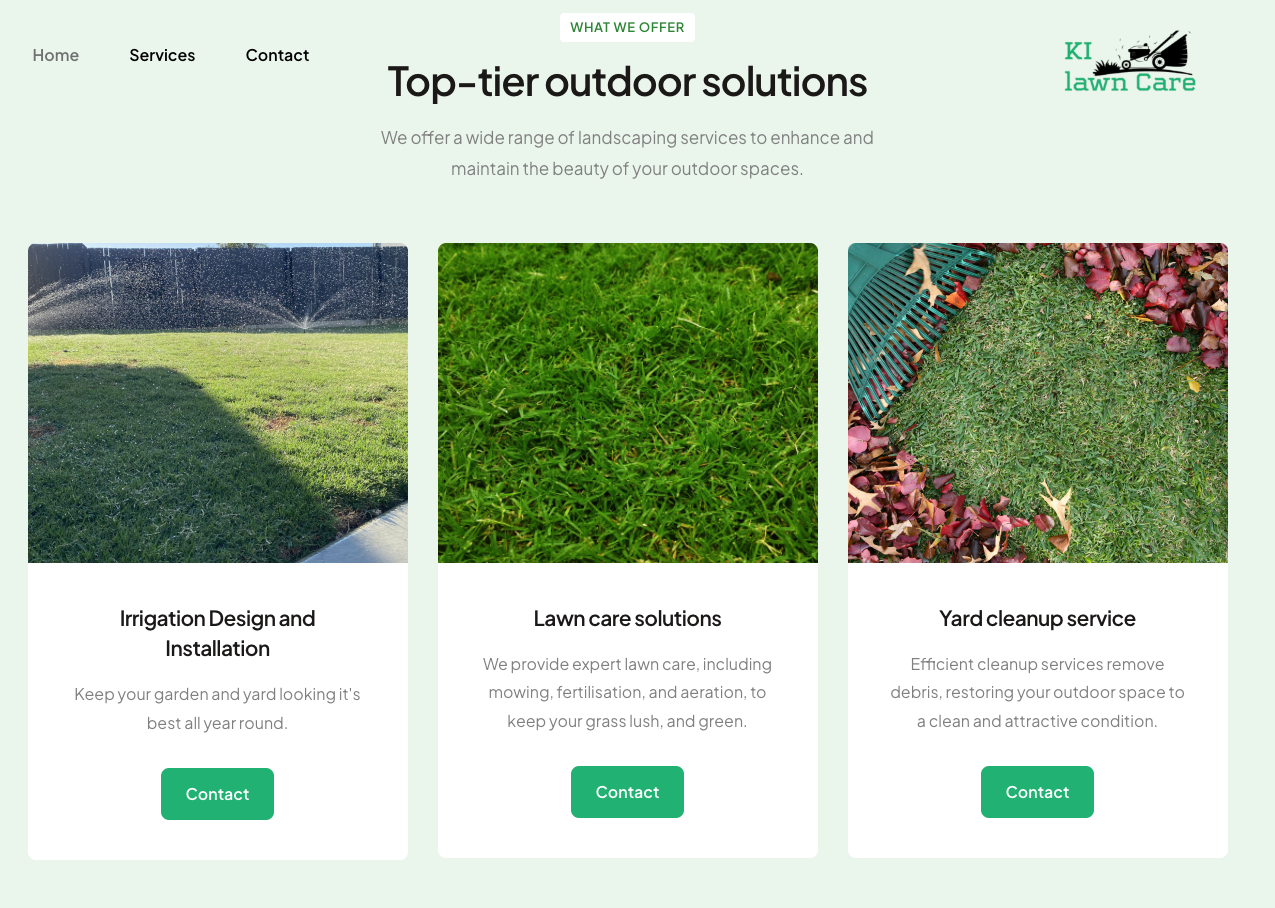 Homepage with three featured outdoor solutions: irrigation, lawn care, and yard renovations.