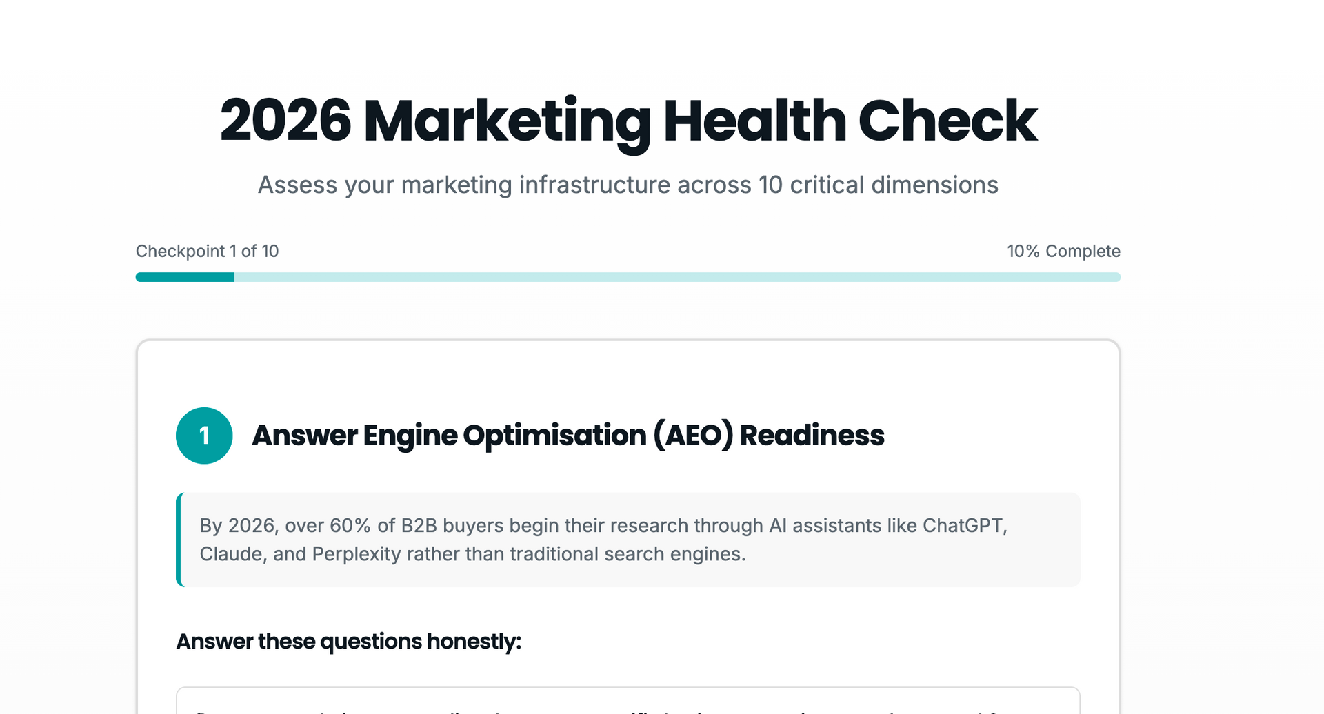 A marketing health check assessment. Focused on SEO readiness with questions to answer.