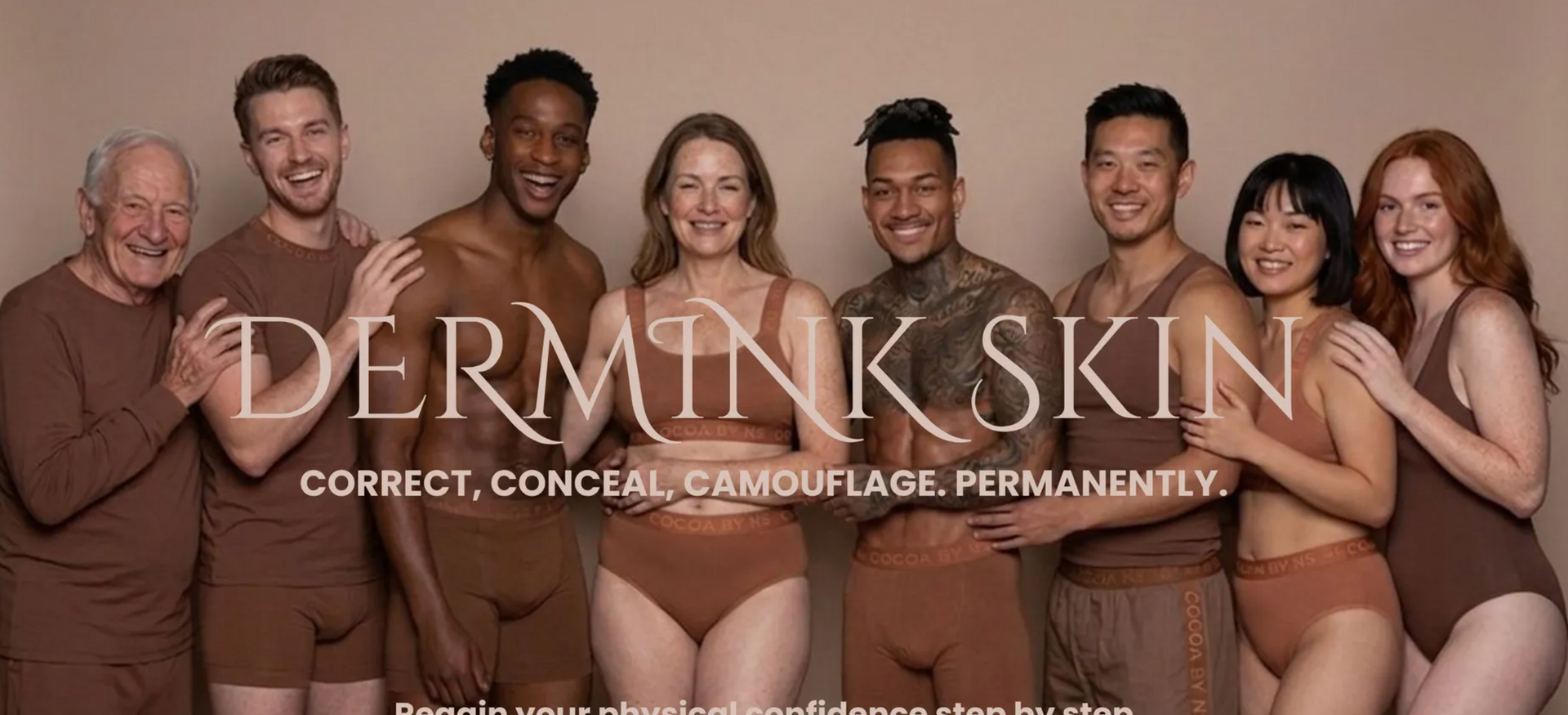 Dermak Skin logo over a group portrait of eight smiling people in nude-toned outfits