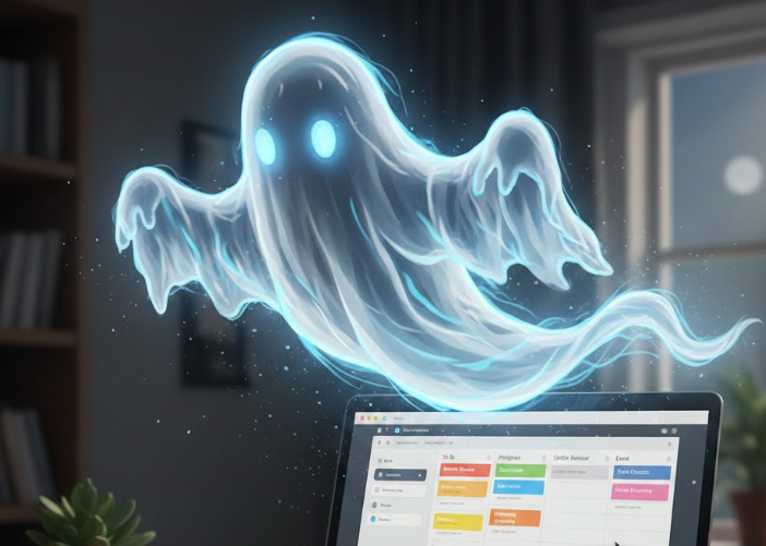 Blue glowing ghost floating above a laptop screen displaying a productivity board.