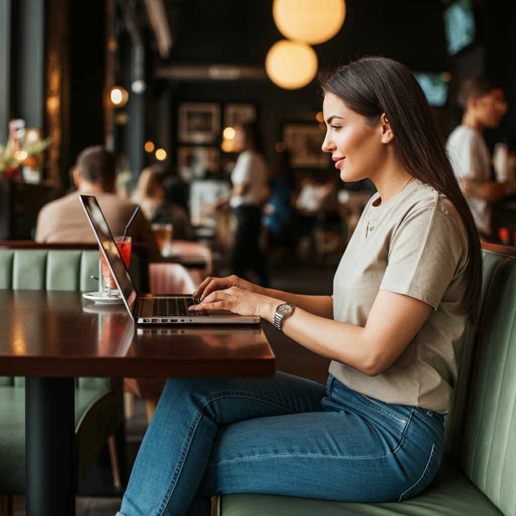 A woman is sitting at a table using a laptop computer.