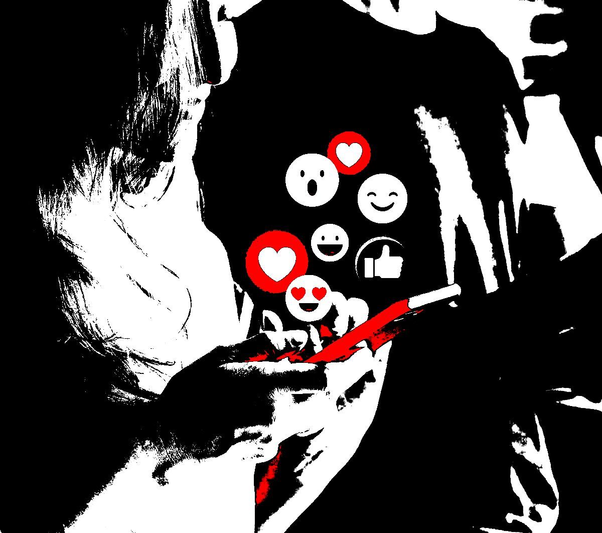 A black and white drawing of a person holding a cell phone