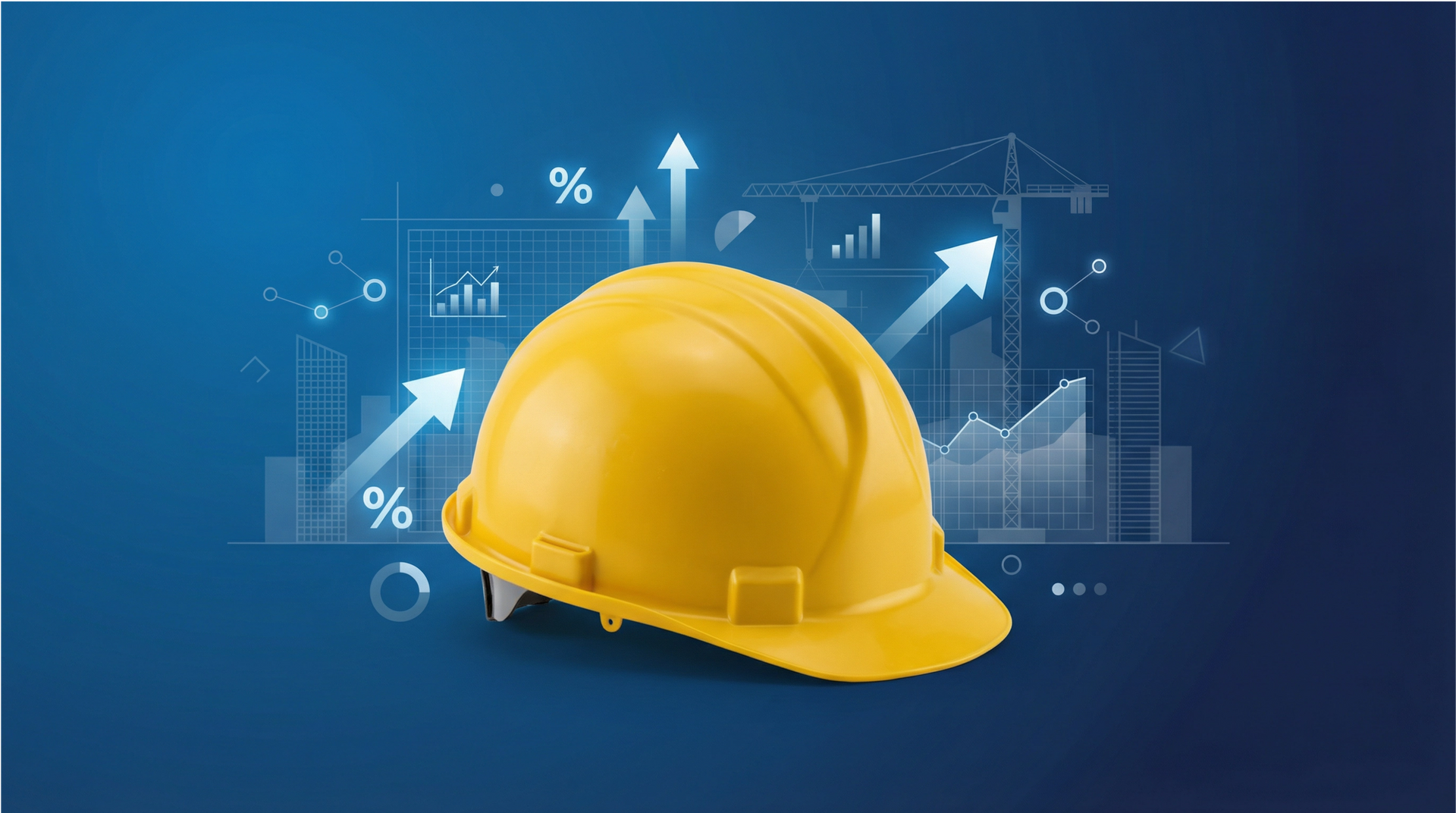 Yellow hard hat with upward-pointing arrows, graphs, and a crane on a blue background.