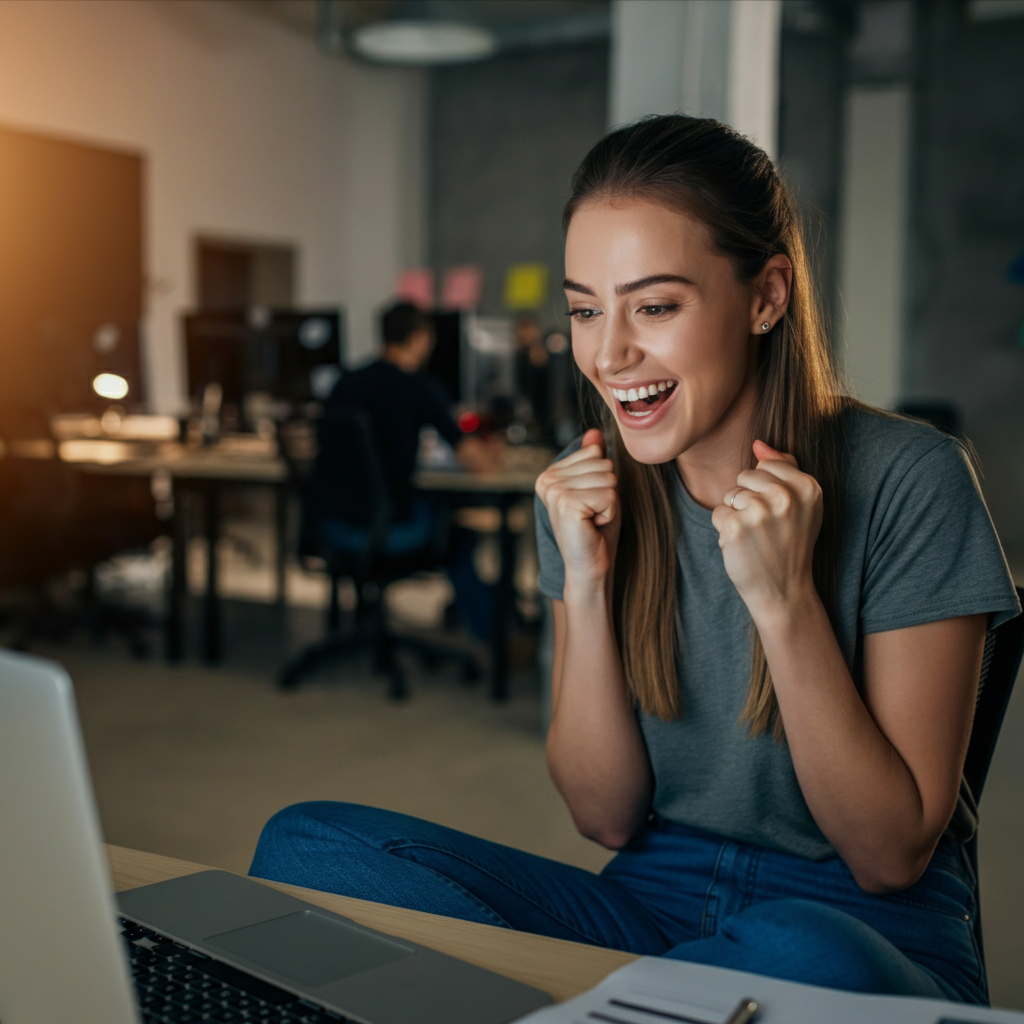 A woman is sitting at a desk in front of a laptop computer.