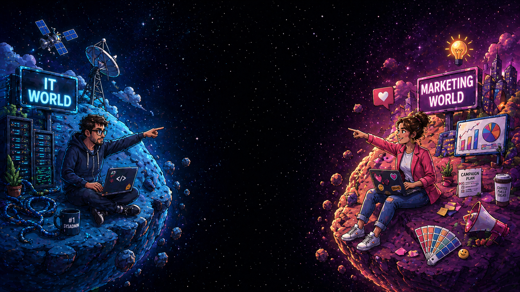 Split scene of IT and marketing worlds, with blue computer tech on left and pink creative workspace on right.