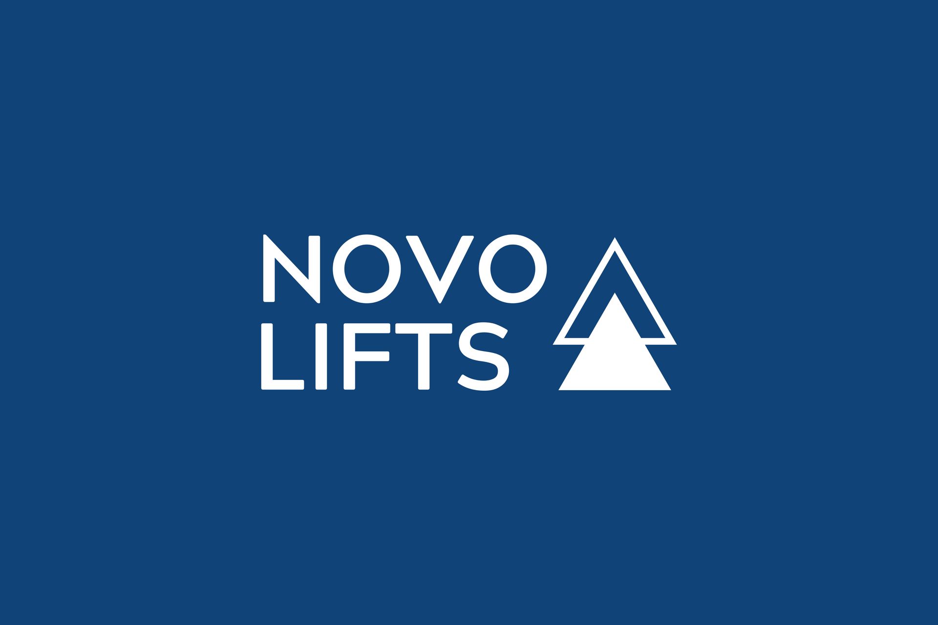 The novo lifts logo is on a blue background