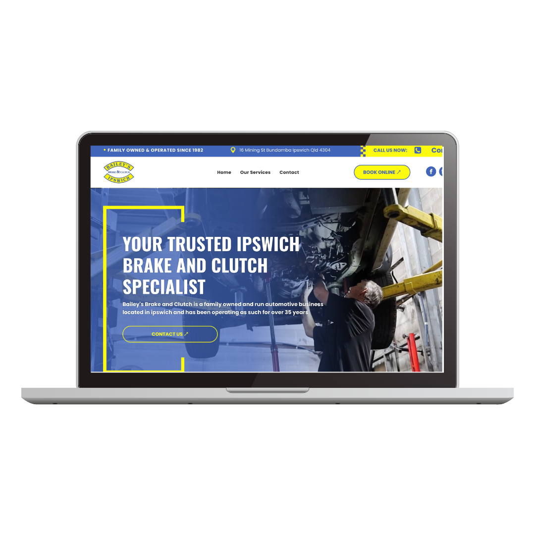 A laptop computer is open to a website for a brake and clutch specialist.