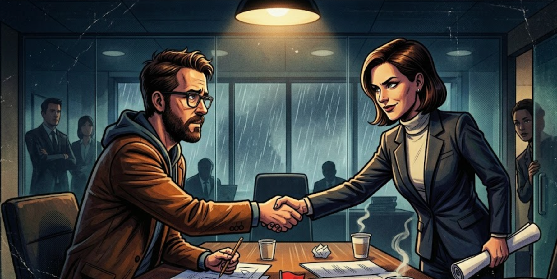 A man in a brown jacket and woman in a suit shake hands across an office desk, with others in the background.