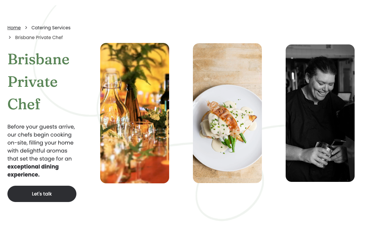 A screenshot of a website for brisbane private chef.