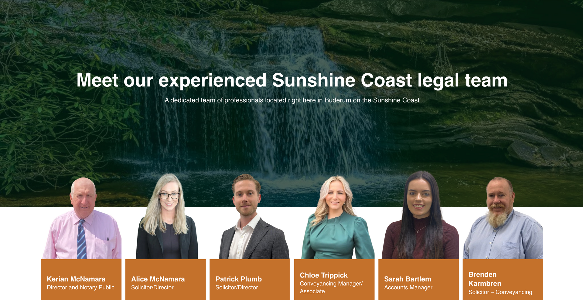 Sunshine Coast legal team. Six professionals with headshots, waterfall background.