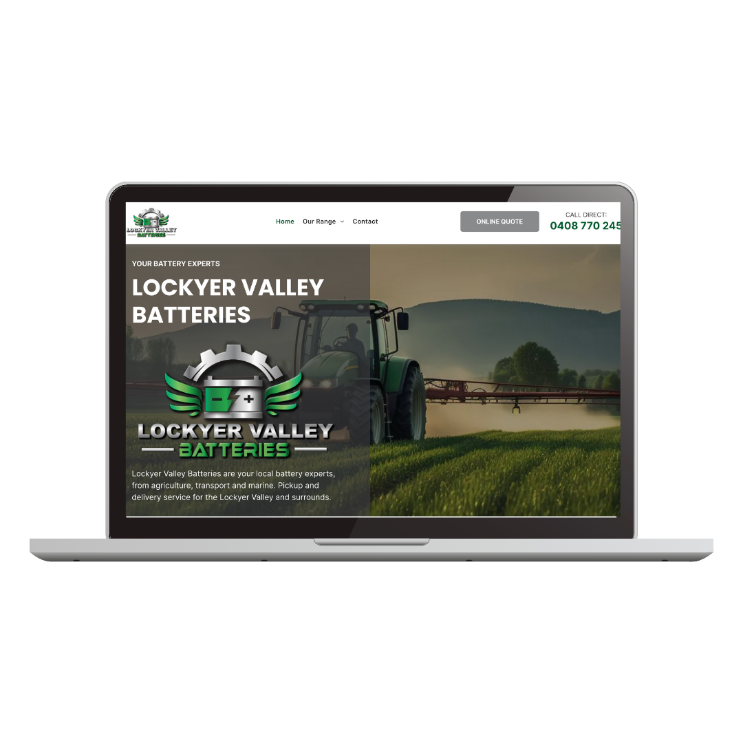 A laptop computer is open to a website for lockyer valley batteries.