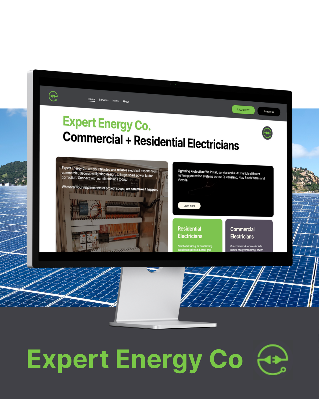A computer monitor is displaying a website for expert energy co.
