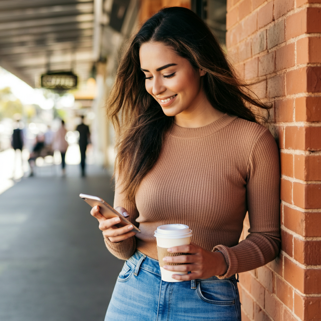 A woman is leaning against a brick wall while holding a cup of coffee and looking at her phone.