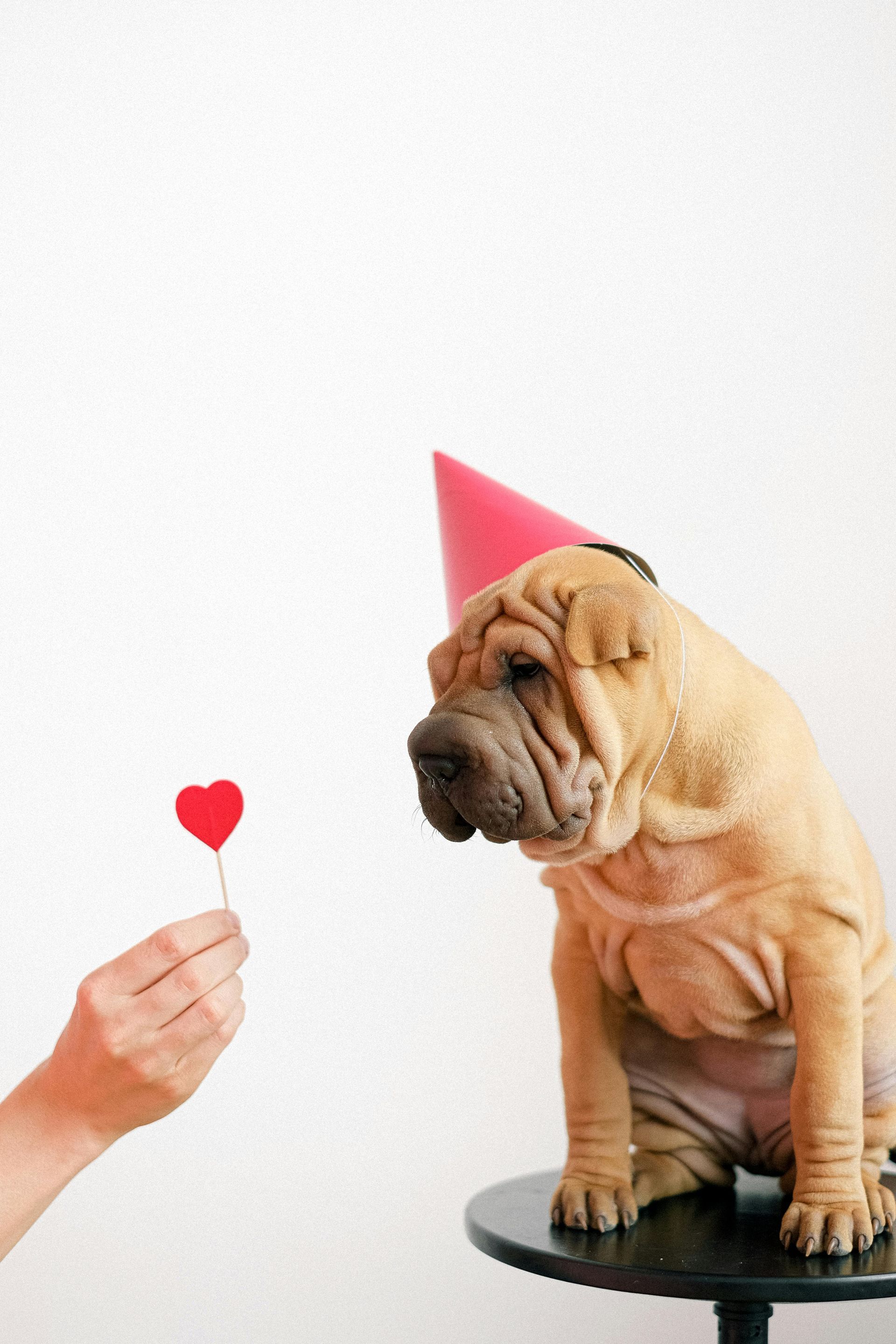 A shar pei puppy wearing a party hat is looking at a person holding a heart shaped lollipop.