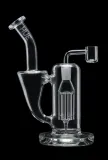 Clear glass water pipe with a bent neck, a percolator, and a dab rig attachment, against a black background.