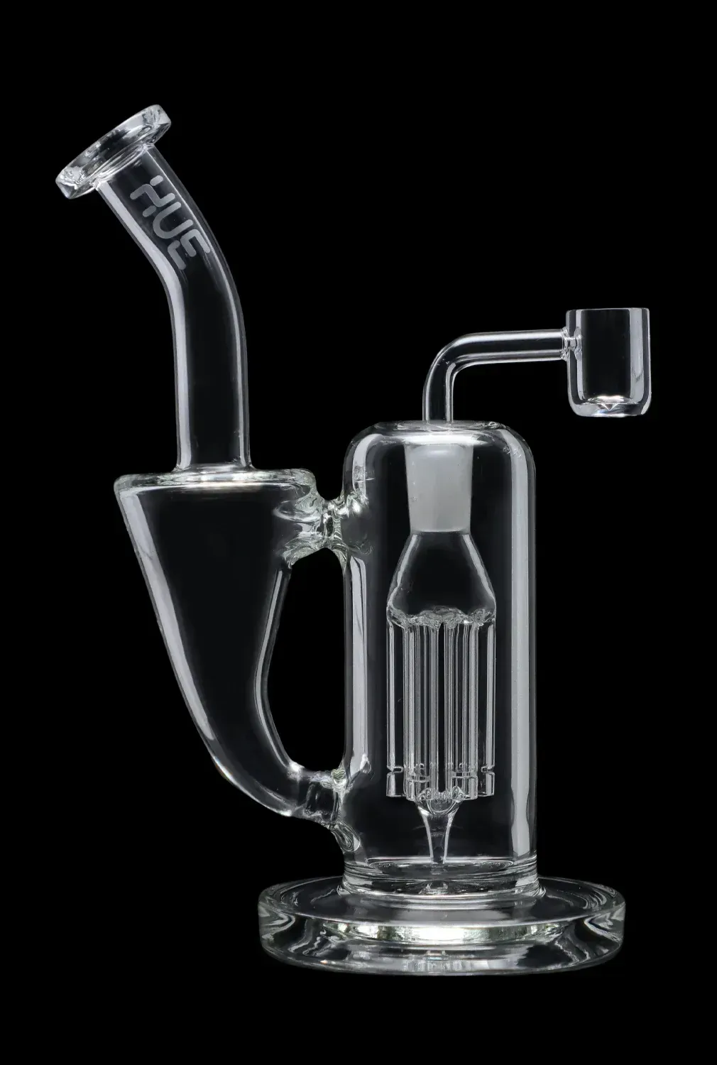 Clear glass water pipe with a bent neck, a percolator, and a dab rig attachment, against a black background.