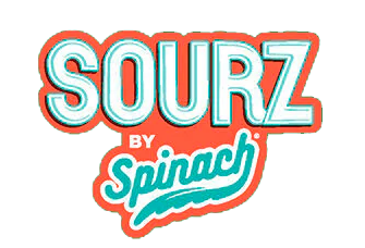 Logo for Sourz by Spinach; white text on orange with light blue trim and a teal script 