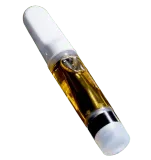 A vape cartridge with a white mouthpiece, a clear glass chamber filled with amber oil, and a black base.