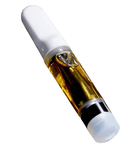 A vape cartridge with a white mouthpiece, a clear glass chamber filled with amber oil, and a black base.