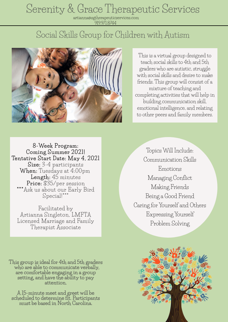 Social Skills Group for Children with Autism; Facilitated by LaToya Cheathon, LMFT, Serenity & Grace Therapeutic Services
