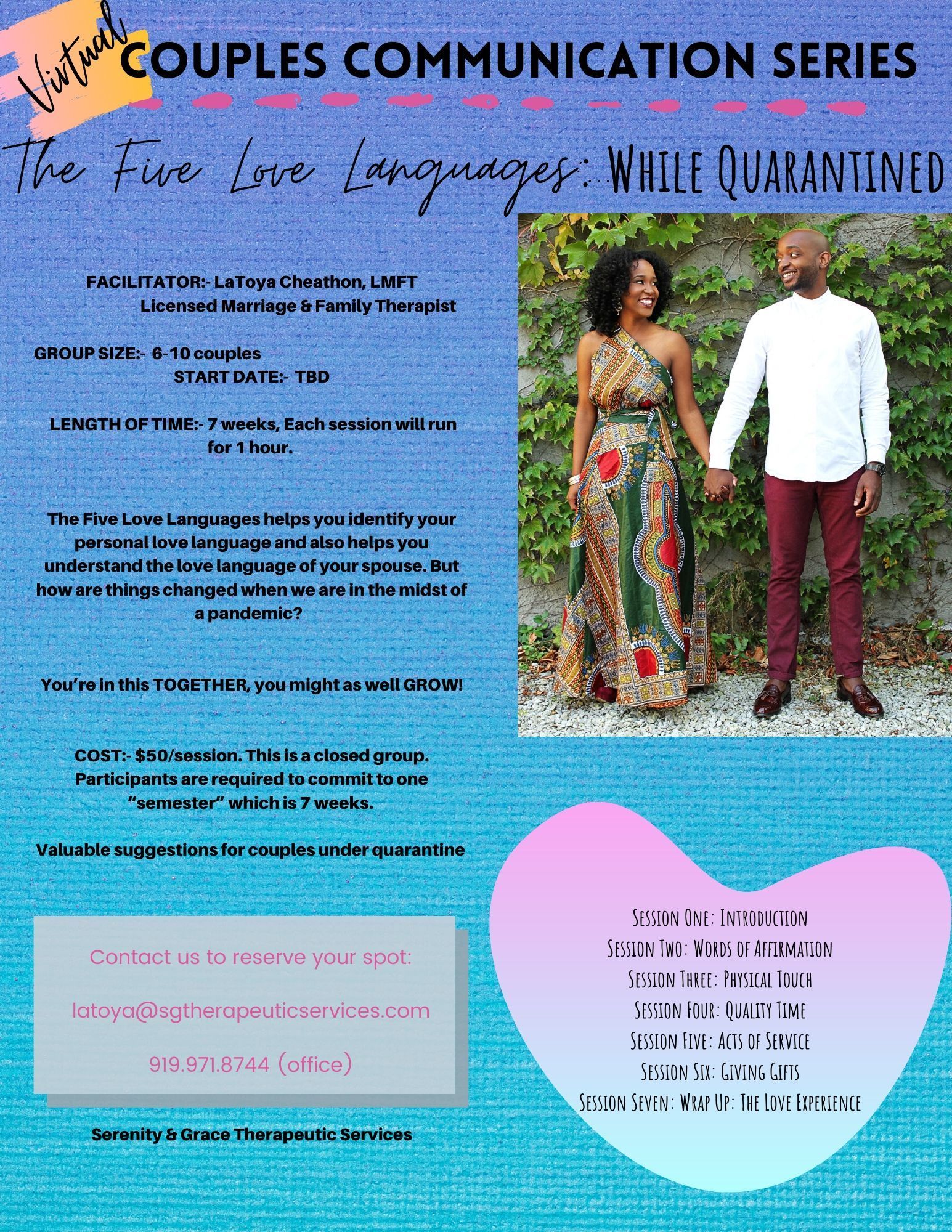The Five Love Languages: While Quarantined; Facilitated by LaToya Cheathon, LMFT, Serenity & Grace Therapeutic Services
