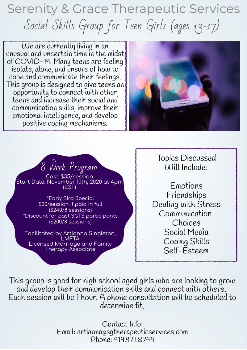 Social Skills Group for Teen Girls (Ages 13-17); Facilitated by Artianna Singleton, LMFTA, Serenity & Grace Therapeutic Services