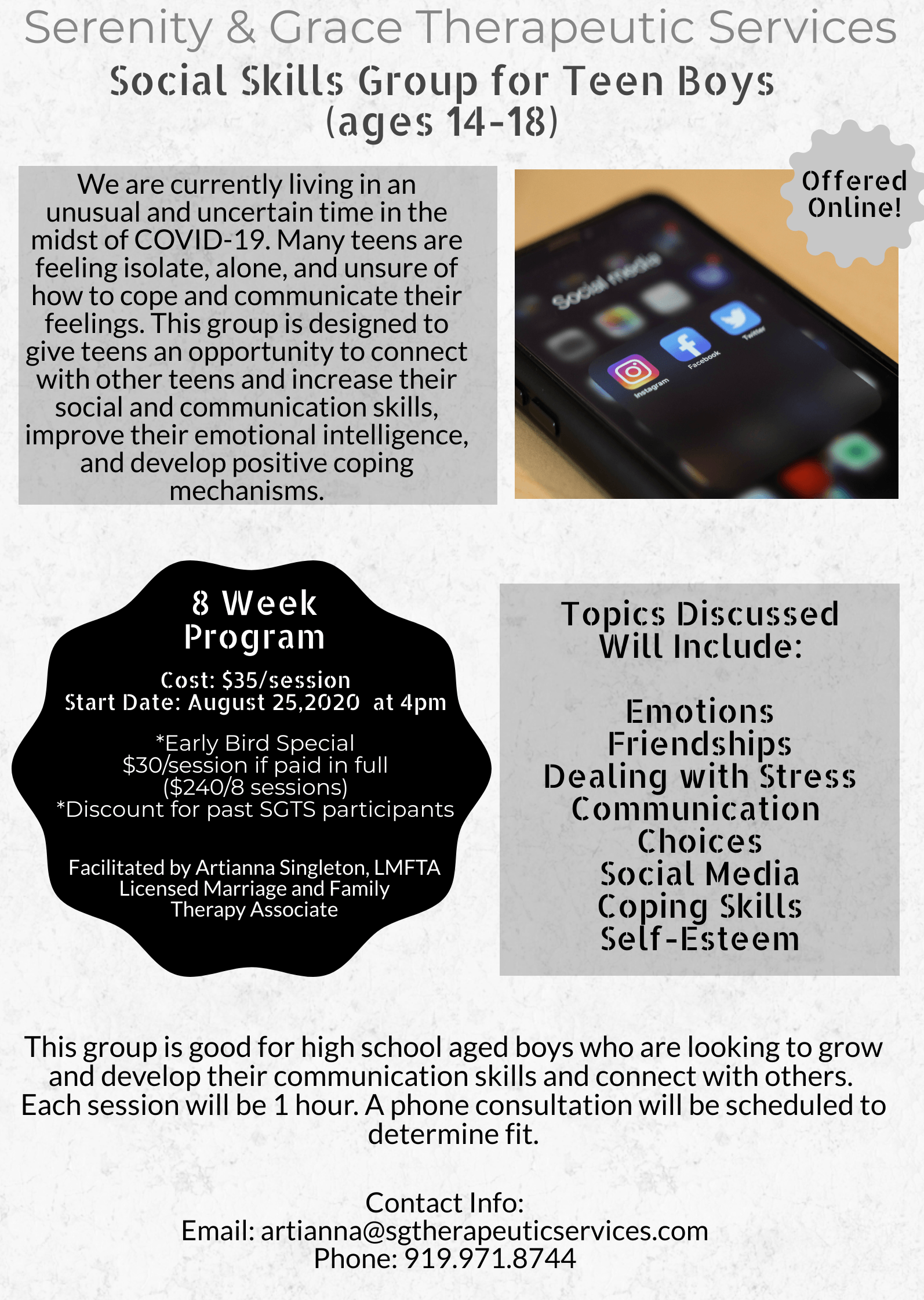 Social Skills Group for Teen Boys (Ages 14-18); Facilitated by Artianna Singleton, LMFTA, Serenity & Grace Therapeutic Services
